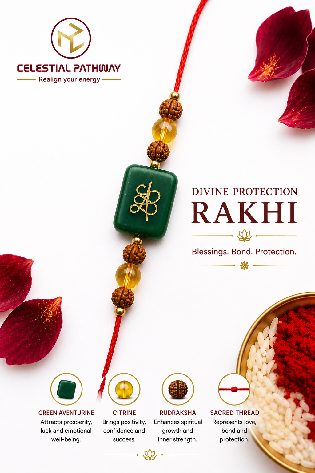 Aventurian, Citrine and Rudraksh Crystal Rakhi