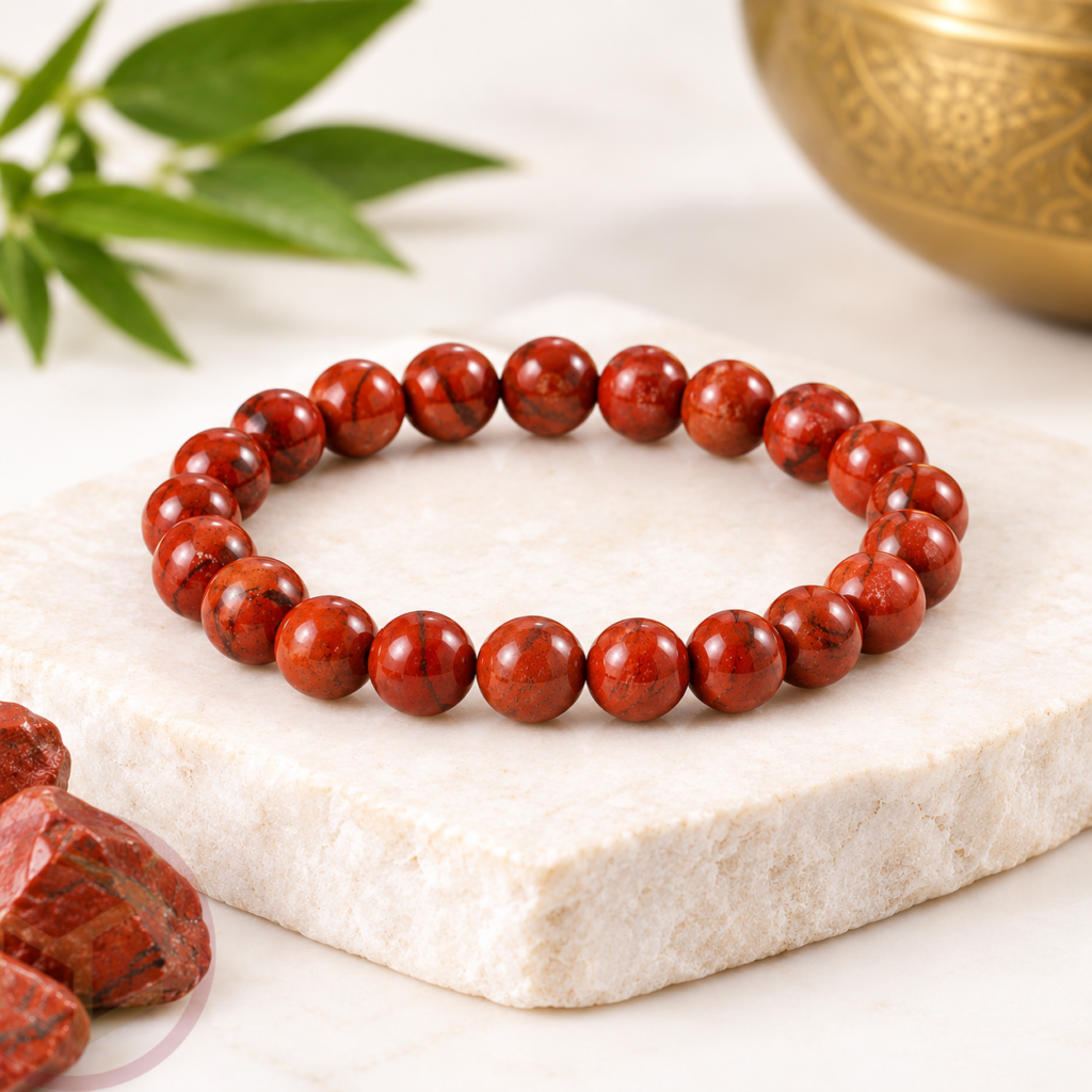 Red Jasper Bracelet featuring polished 8mm reddish-brown natural stone beads.